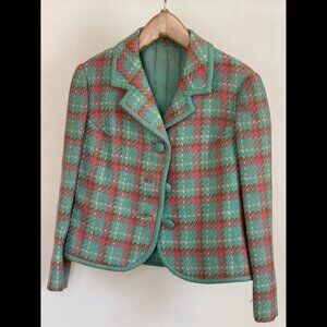 Vintage Chanel Style Custom-Made Handcrafted Wool Jacket, Pink and Blue Plaid